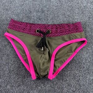 Seobean Swim Briefs Mens Medium Olive Green Neon Pink Mesh Trim Drawstring Trunk